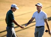 Martin Laird, right, reacts after saving a par as Nick Taylor of Canada looks on during the first round of The American Express tournament on the Jack Nicklaus Tournament Course at PGA West in La Quinta, California. Picture: Harry How/Getty Images.