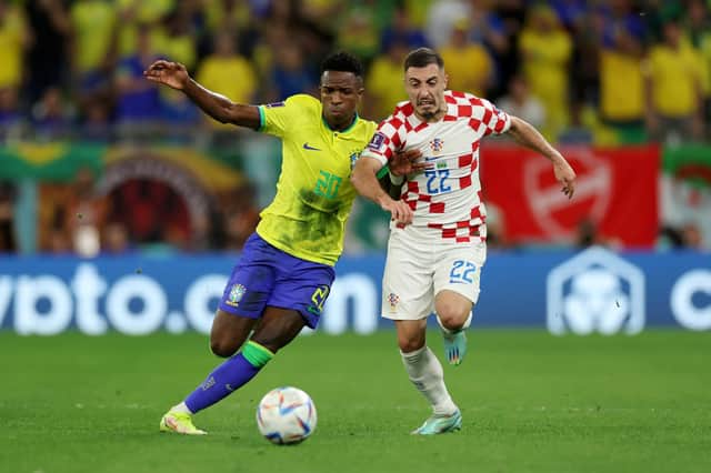 Celtic's Josip Juranovic in action for Croatia against Brazil's Vinicius Junior during the World Cup quarter-final in Qatar. (Photo by Lars Baron/Getty Images)