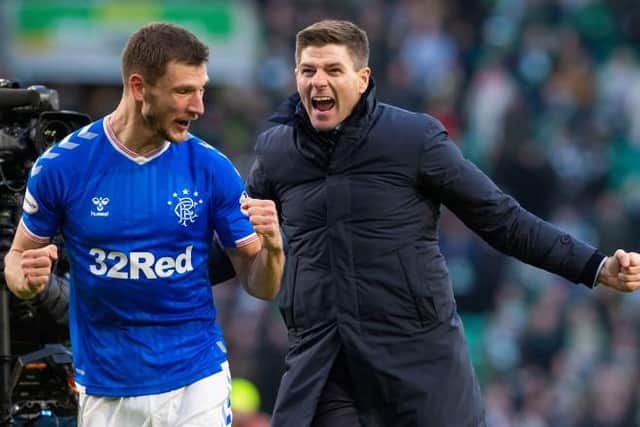 Steven Gerrard celebrates with Borna Barisic after Rangers' 2-1 win at Celtic Park on December 29, 2019. (Photo by Alan Harvey / SNS Group)