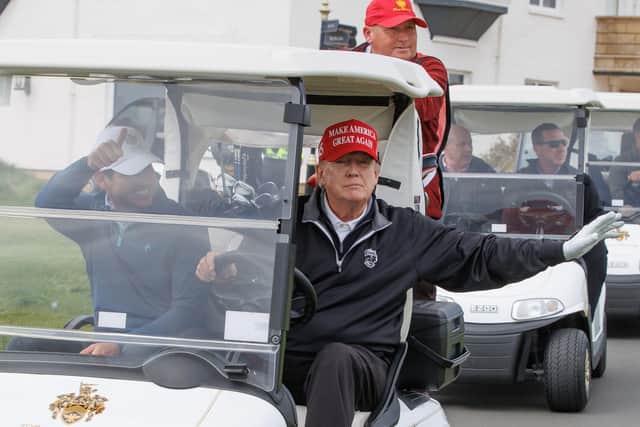 Former US president Donald Trump before playing golf at Turnberry golf course, in South Ayrshire, during his visit to the UK. Picture date: Tuesday May 2, 2023. PA Photo. See PA story POLITICS Trump. Photo credit should read: Steve Welsh/PA Wire  