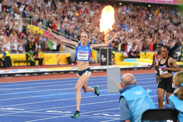 Eilish McColgan crosses the line to win gold in the Women's 10,000m Final at the Birmingham 2022 Commonwealth Games. (Photo by David Ramos/Getty Images)