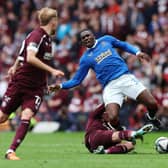 Rangers defender Calvin Bassey, man of the match in the Scottish Cup final, is fouled by Hearts striker Liam Boyce. (Photo by Ian MacNicol/Getty Images)