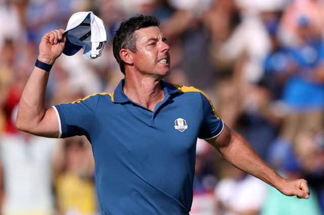 Rory McIlroy of Team Europe celebrates winning his singles match in the 44th Ryder Cup at Marco Simone Golf Club. Picture: Richard Heathcote/Getty Images.