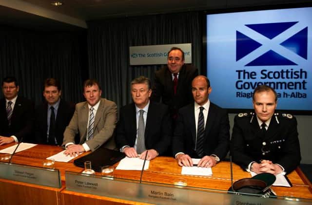 Then First Minister Alex Salmond called a summit meeting six days after the controversial Old Firm cup tie which was attended (from left to right) by chief executives
Neil Doncaster (Scottish Premier League), David Longmuir (Scottish Football League), Stewart Regan (Scottish FA), Peter Lawwell (Celtic), Martin Bain (Rangers) and Strathclyde Police chief constable Stephen House. (Photo by Ross Brownlee/SNS Group).