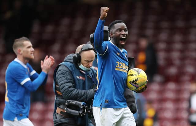 Rangers hat-trick hero Fashion Sakala celebrates with the match ball after the 6-1 win over Motherwell at Fir Park. (Photo by Ian MacNicol/Getty Images)