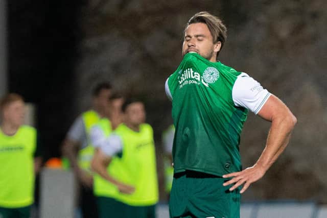 Hibs defender Darren McGregor displays his anguish as he is sent off in the Conference League qualifier against Rijeka. Photo by Nikola Krstic / SNS Group