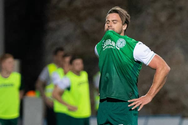 Hibs defender Darren McGregor displays his anguish as he is sent off in the Conference League qualifier against Rijeka. Photo by Nikola Krstic / SNS Group