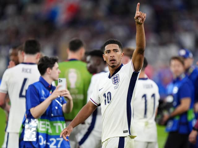 England's Jude Bellingham gestures towards the crowd following Sunday's win over Slovakia