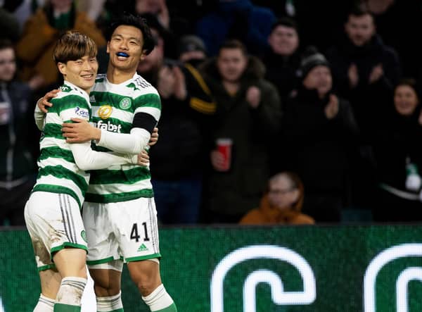 Celtic's Kyogo Furuhashi (left) and Reo Hatate have been left out of the Japan squad for the Kirin Challenge Cup. (Photo by Craig Williamson / SNS Group)