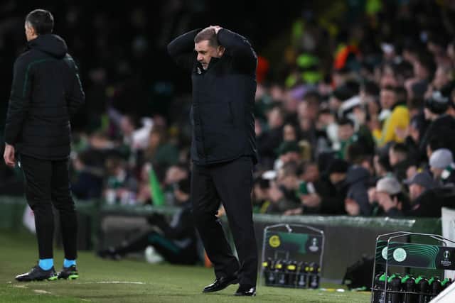 Celtic manager Ange Postecoglou is left dejected during the 3-1 defeat by Bodo Glimt. (Photo by Craig Williamson / SNS Group)
