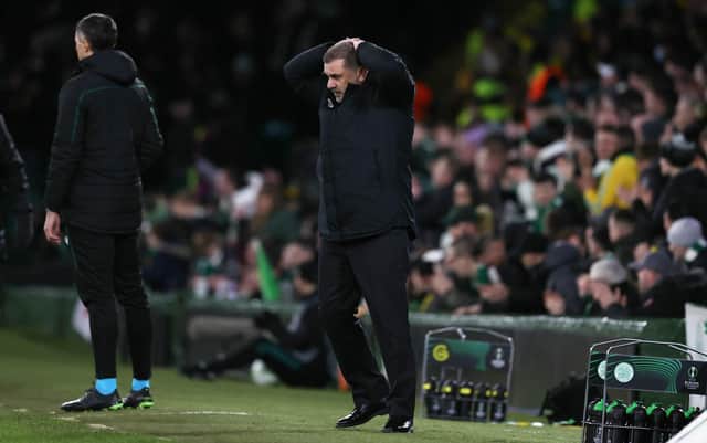 Celtic manager Ange Postecoglou is left dejected during the 3-1 defeat by Bodo Glimt. (Photo by Craig Williamson / SNS Group)