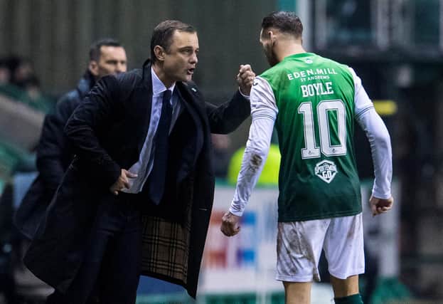 Hibs Shaun Maloney (left) says Martin Boyle will only be sold for the right price. (Photo by Ross Parker / SNS Group)