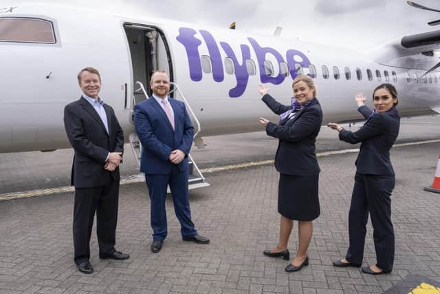 Flybe chief executive Dave Pflieger, Glasgow Airport operations director Ronald Leitch and "two members of crew" [Lisa Dooey and Mimi Bibi] which Flybe failed to name
