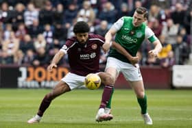 Ellis Simms, in action against Hibs during a loan spell at Hearts, could be about to move to Coventry City for £8million . (Photo by Alan Harvey / SNS Group)