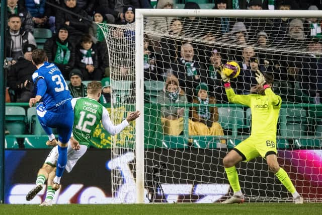 Hibs goalkeeper David Marshall saves from Rangers' Borna Barisic during the Ibrox side's 4-1 win at Easter Road. Photo by Mark Scates / SNS Group