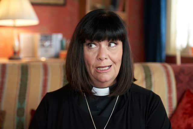 Dawn French as The Vicar of Dibley tending her flock via Zoom