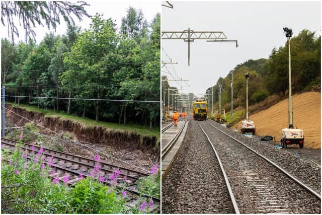 Engineers have been working around-the-clock to repair the line which was partially washed away near Polmont when the Union Canal burst its banks on Wednesday, August 12.