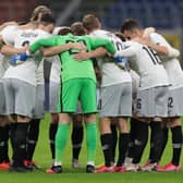 Sparta Prague huddle prior to the UEFA Europa League Group H stage match with AC Milan (Photo by Emilio Andreoli/Getty Images)