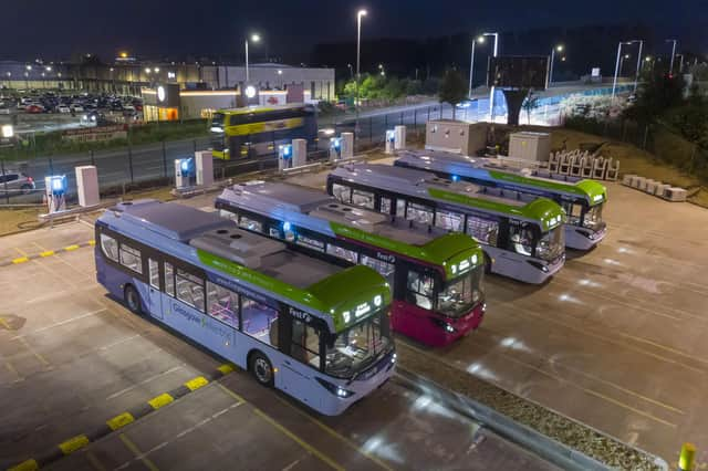 First Bus electric vehicles at the Caledonia depot in Glasgow.