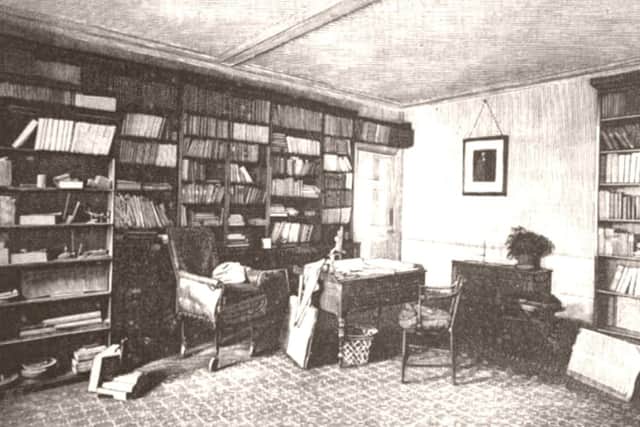 A photograph (left) shows the bookcases in his study.