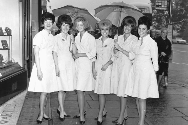Girls from Stewarts Hair Salon in Princes Street are pictured posing for the cameras after winning the Evening News & Dispatch 'Charm Challenge' in 1966.