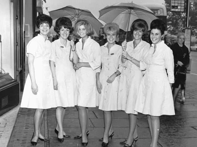 Girls from Stewarts Hair Salon in Princes Street are pictured posing for the cameras after winning the Evening News & Dispatch 'Charm Challenge' in 1966.