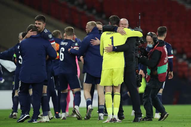 Scotland manager Steve Clarke celebrates with goalkeeper David Marshall after the Euro 2020 play-off semi-final win over Israel at Hampden last October. (Photo by Ian MacNicol/Getty Images)