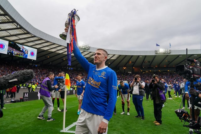 Rangers John Lundstram celebrates with the Scottish Cup at full time