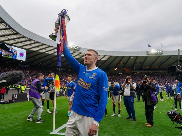 Rangers John Lundstram celebrates with the Scottish Cup at full time