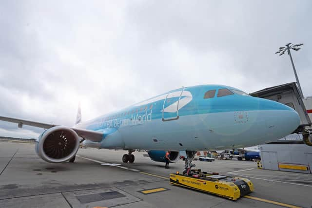 An Airbus A320neo with a special sustainability livery as the airline has operated its first flight using sustainable aviation fuel (SAF).