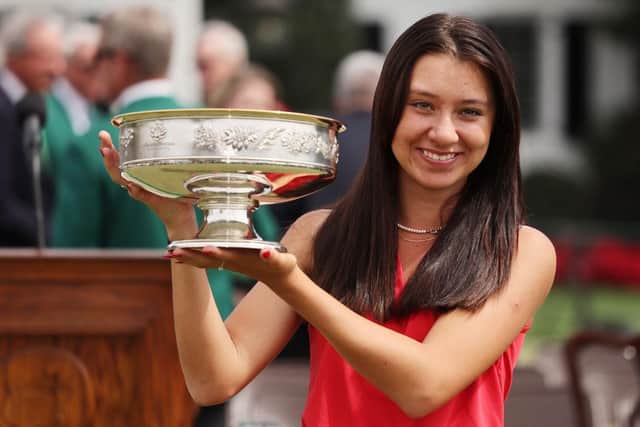 Anna Davis with the trophy after winning the Augusta National Women's Amateur at Augusta National Golf Club. Picture: Gregory Shamus/Getty Images.