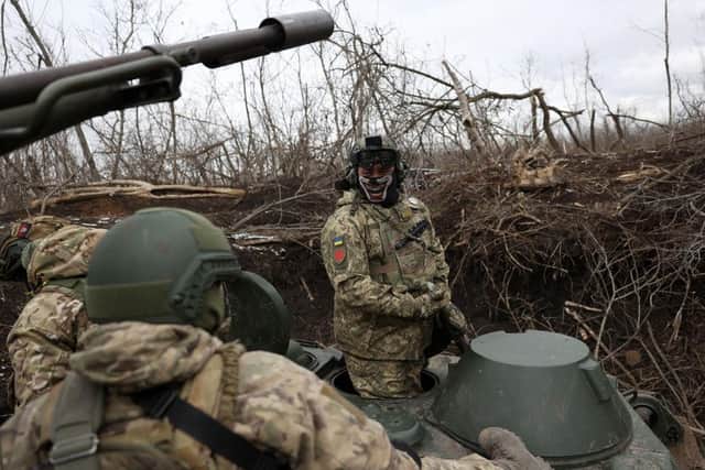 Ukrainian anti-aircraft gunners monitor the sky from their positions in the direction of Bakhmut in the Donetsk region.