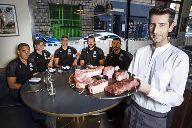 Head coach Franco Smith with Glasgow's Argentine contingent, Sebastian Cancelliere, Domingo Miotti, Lucio Sordoni and Enrique Pieretto, enjoying a taste of home at Gaucho restaurant in Glasgow. (Photo by Alan Harvey / SNS Group)