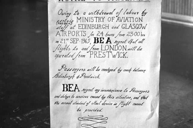 A BEA cancellation notice at Turnhouse Airport following a strike by firemen at airports in Edinburgh and Glasgow in September 1965.