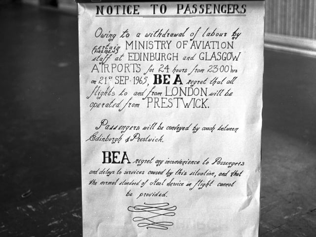 A BEA cancellation notice at Turnhouse Airport following a strike by firemen at airports in Edinburgh and Glasgow in September 1965.