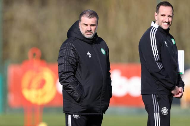 Celtic head coach Ange Postecoglou and assistant John Kennedy (right) during a training session at Lennoxtown yesterday. (Photo by Craig Williamson / SNS Group)