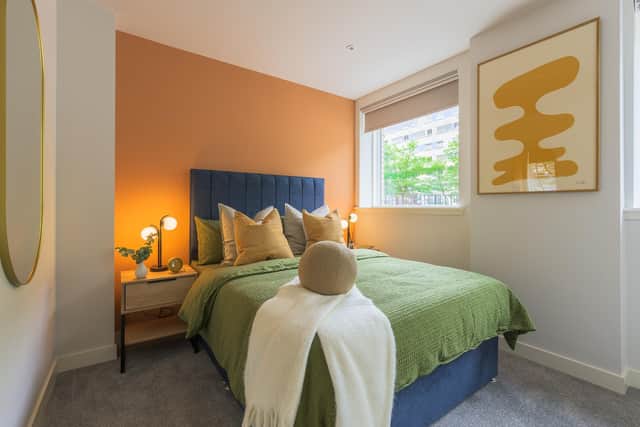 A bedroom in one of the new flats within the redeveloped Dalian House, Glasgow.