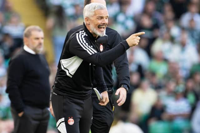 GLASGOW, SCOTLAND - JULY 31: Aberdeen Manager Jim Goodwin during a cinch Premiership match between Celtic and Aberdeen at Celtic Park, on July 31, 2022, in Glasgow, Scotland. (Photo by Alan Harvey / SNS Group)