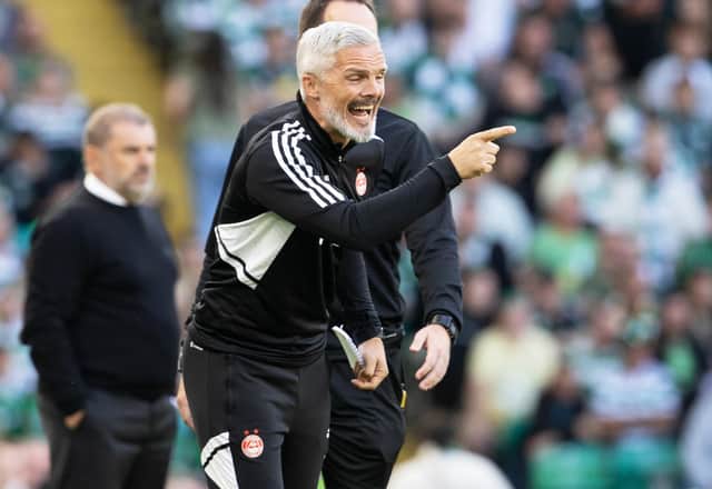 GLASGOW, SCOTLAND - JULY 31: Aberdeen Manager Jim Goodwin during a cinch Premiership match between Celtic and Aberdeen at Celtic Park, on July 31, 2022, in Glasgow, Scotland. (Photo by Alan Harvey / SNS Group)
