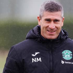 Hibs manager Nick Montgomery cracks a smile during a training session. (Photo by Ross Parker / SNS Group)