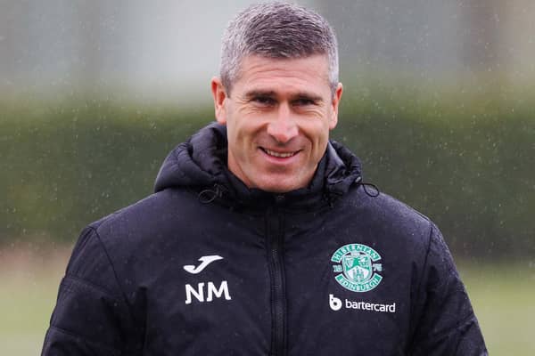 Hibs manager Nick Montgomery cracks a smile during a training session. (Photo by Ross Parker / SNS Group)