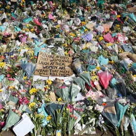 Floral tributes at the bandstand in Clapham Common, London, for Sarah Everard.