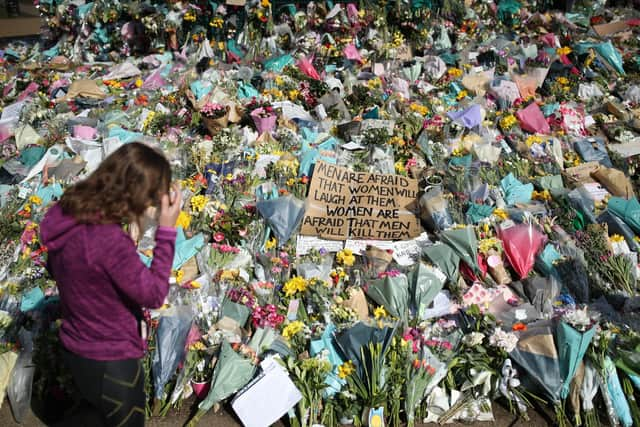 Floral tributes at the bandstand in Clapham Common, London, for Sarah Everard.