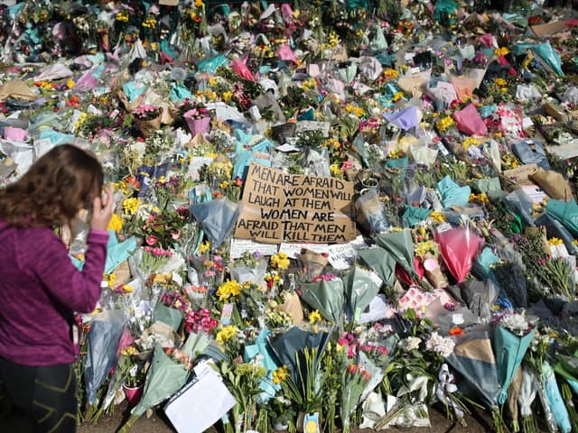 Floral tributes at the bandstand in Clapham Common, London, for Sarah Everard.