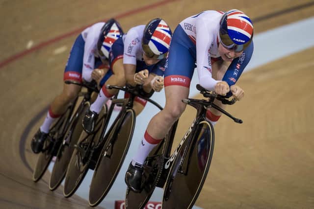 Katie Archibald leads out Team GB's in the Team Pursuit at the Sir Chris Hoy Velodrome. Image: Bill Murray/SNS