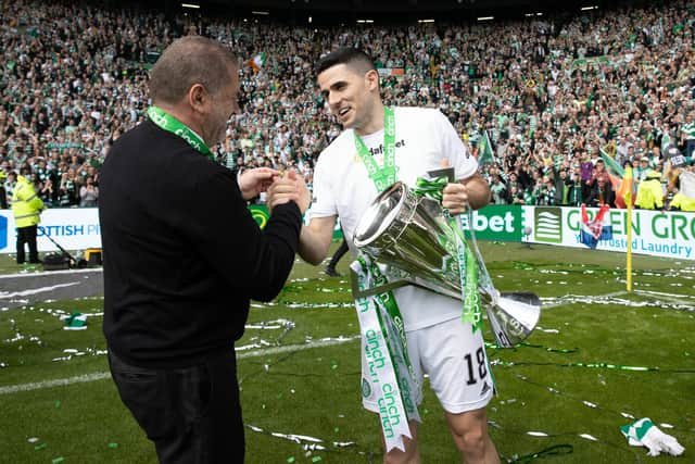 Celtic manager Ange Postecoglou and Tom Rogic who will leave this summer.  (Photo by Craig Williamson / SNS Group)