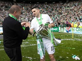 Celtic manager Ange Postecoglou and Tom Rogic who will leave this summer.  (Photo by Craig Williamson / SNS Group)