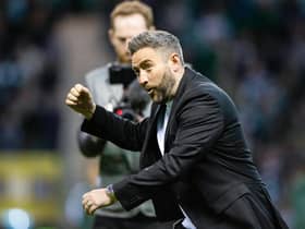 Hibs manager Lee Johnson celebrates on the pitch after the 4-2 win over Celtic. (Photo by Ewan Bootman / SNS Group)