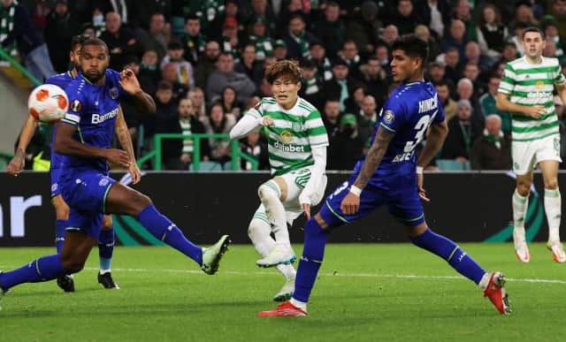 Celtic’s Kyogo Furuhashi  has a shot during a UEFA Europa League group stage match between Celtic and Bayer Leverkusen at Celtic Park, on September 30, 2021, in Glasgow, Scotland. (Photo by Craig Williamson / SNS Group)