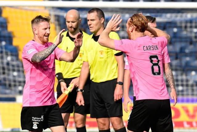 Inverness' Michael Gardyne (L) and David Carson celebrate at full time during a cinch Championship match between Kilmarnock and Inverness Caledonian Thistle at The BBSP at Rugby Park, on August 28, 2021, in Kilmarnock, Scotland (Photo by Rob Casey / SNS Group)